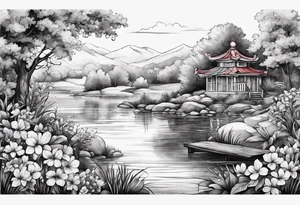 hidden garden, flowers, lake, secret place tattoo idea