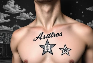 Houston texas skyline Behind houston astrodome, stars nighttime stars and clouds, Houston Astros cursive in sky, Houston Astros star on neck, Benjamin Franklin money roll space suit tattoo idea