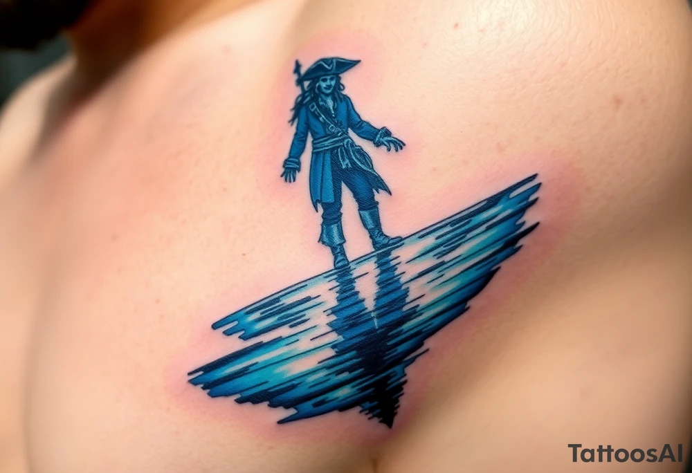 Jack Sparrow’s ghostly reflection in the ocean, done in eerie blue tones, symbolizing his dance with death and destiny tattoo idea