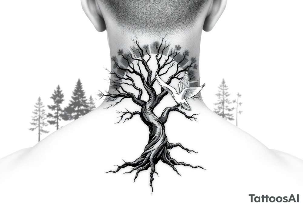 "A tattoo design featuring sun rays radiating from the top of the shoulder, with a serene forest scene in the background. Incorporate a prominent 'poison tree' design, featuring twisted and gnarled branches, symbolizing duality or mystery. Add a white dove in flight in the foreground, positioned slightly above or near the tree, symbolizing peace and hope. The overall design should have a balance of contrast and shading, blending realism with a slightly surreal artistic style." tattoo idea