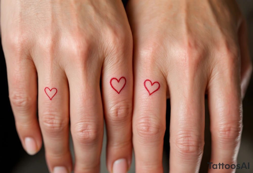 Tiny matching red heart outlines tattooed on the inside of each partner’s ring finger, symbolizing a hidden but everlasting bond. tattoo idea