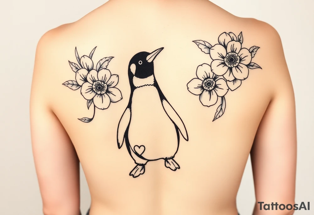 Flowers with a cute penguin with a c in the belly tattoo idea