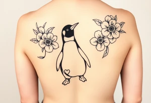 Flowers with a cute penguin with a c in the belly tattoo idea