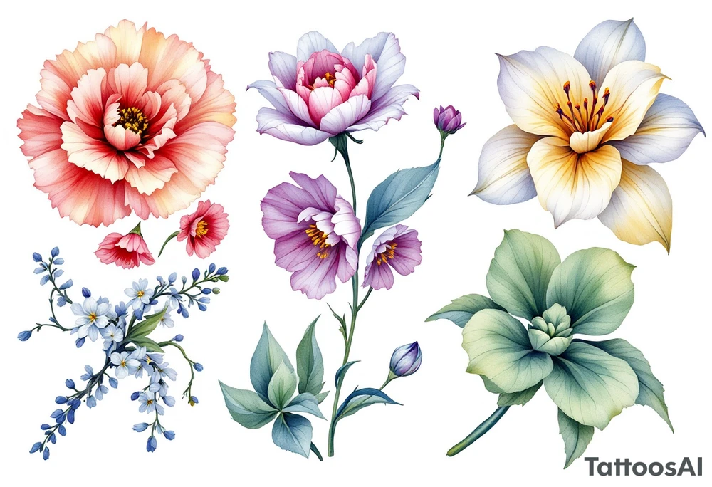 Carnation, Snowdrop, Larkspur, Water Lily, Daffodil, Clover tattoo idea