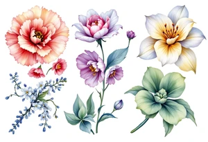 Carnation, Snowdrop, Larkspur, Water Lily, Daffodil, Clover tattoo idea