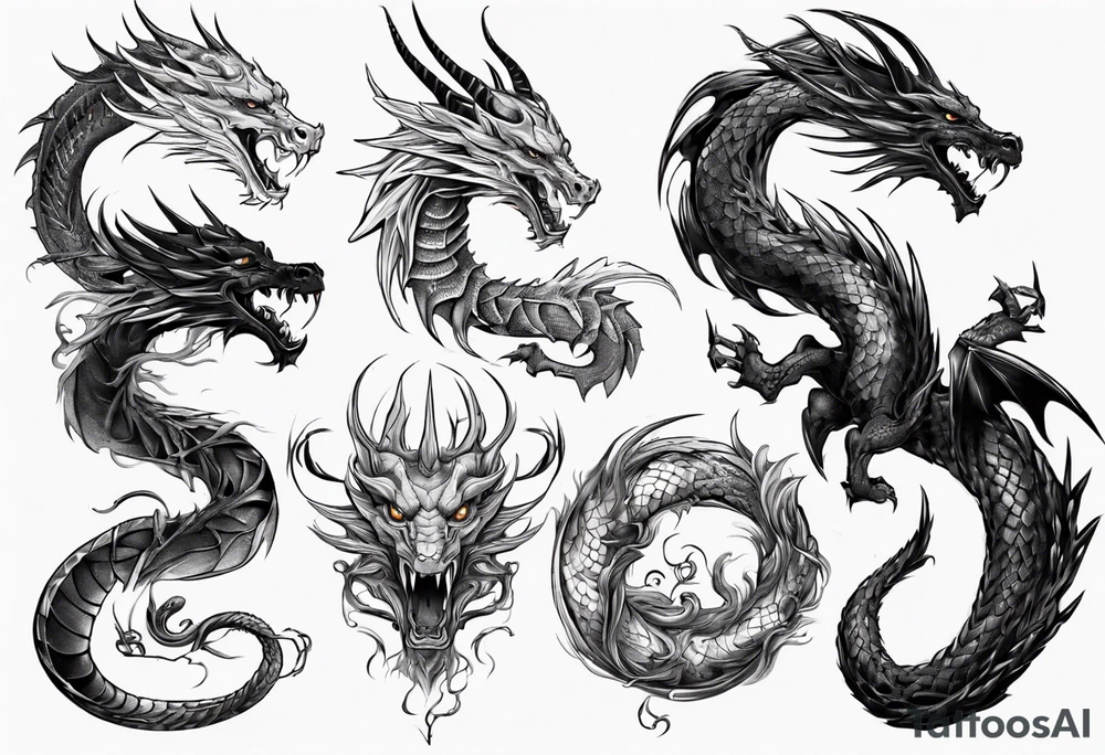 a long dragon intertwined along the arm with horns, mane, scales tattoo idea