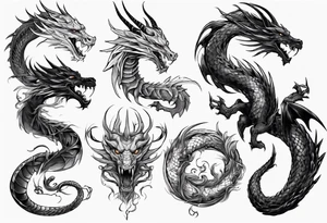 a long dragon intertwined along the arm with horns, mane, scales tattoo idea