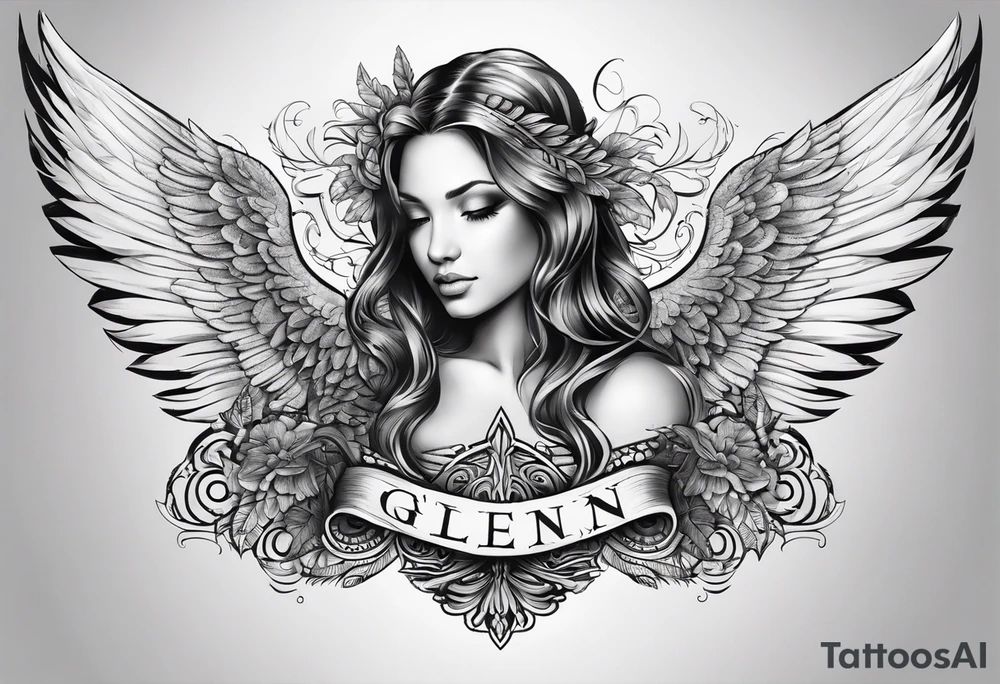 The word Glenn with angel Wings at the side tattoo idea
