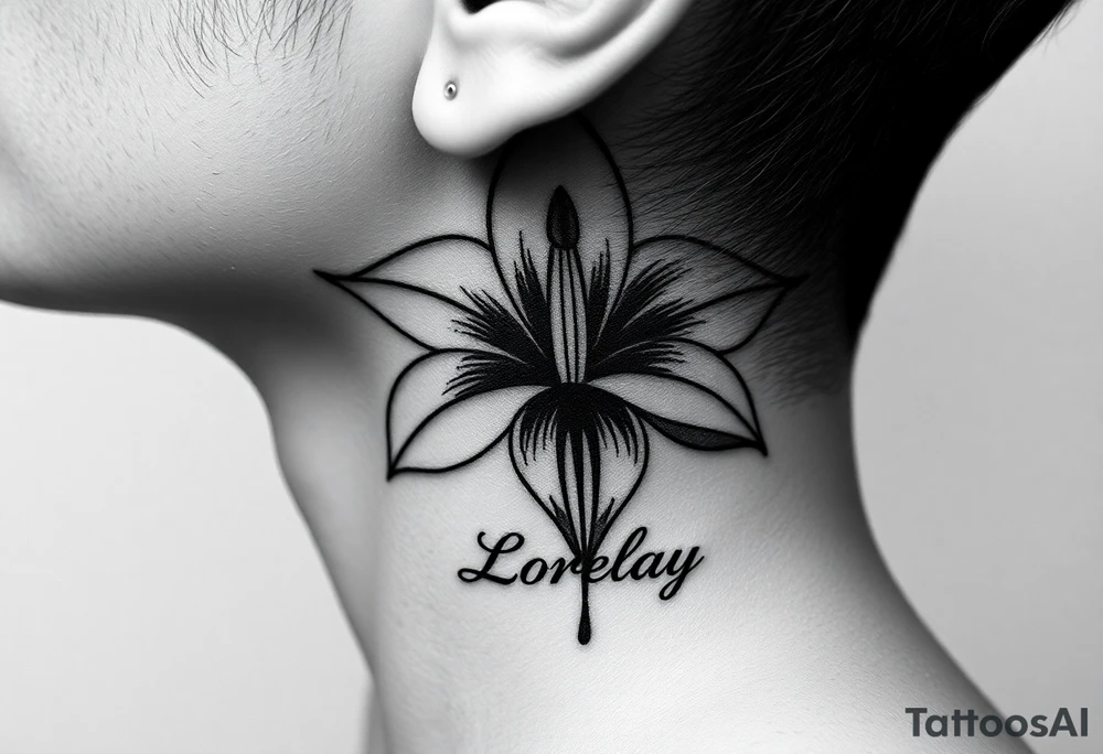 Crea un diseño significativo sobre la flor de bayahibe egipcia y que tenga el nombre escrito por de bajo del diseño el nombre de mi hermana Lorelay para la parte baja del bíceps tattoo idea