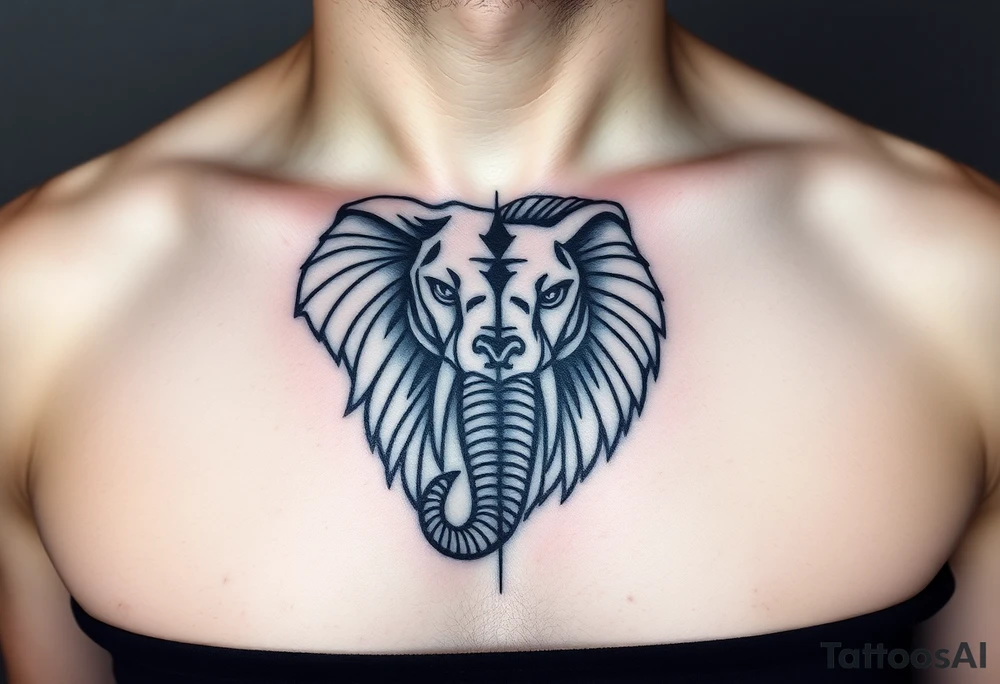 A half elephant half lion head divided by a vertical line tattoo idea