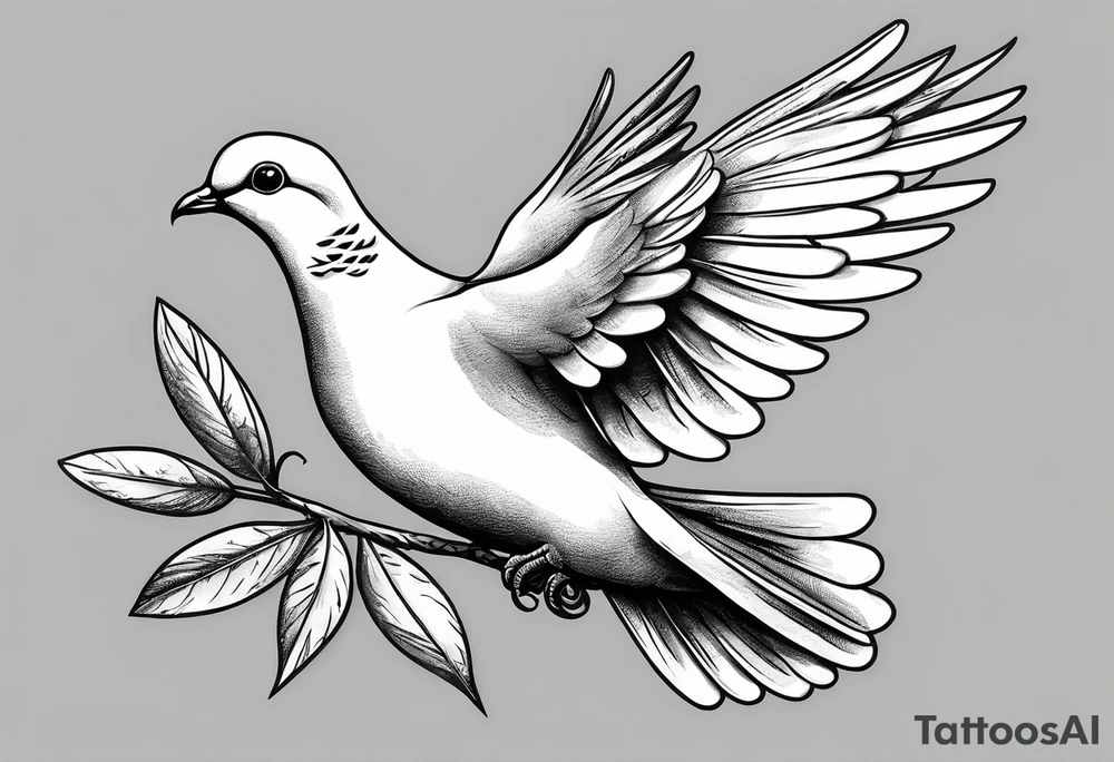 Dove soring through the air an olive branch in its beak whipping behind tattoo idea