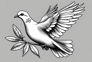Dove soring through the air an olive branch in its beak whipping behind tattoo idea
