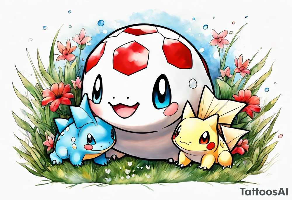 Original Togepi and original totodile playing together in a field tattoo idea