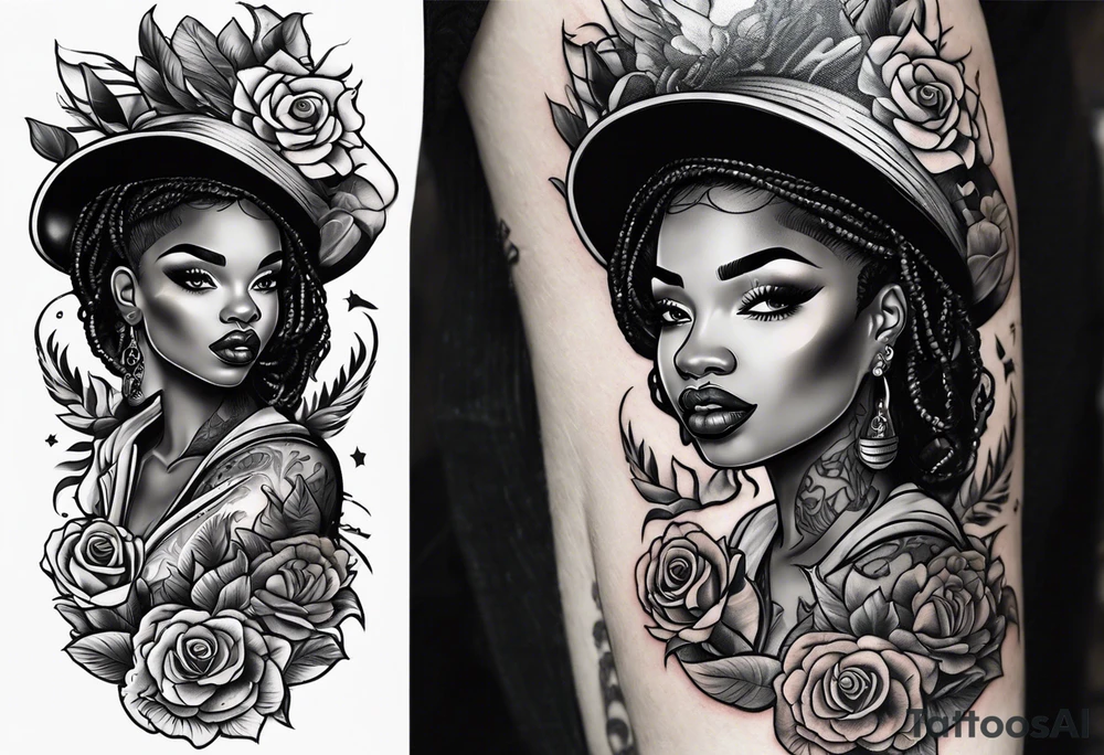 traditional style tattoo with a black woman skateboarding tattoo idea