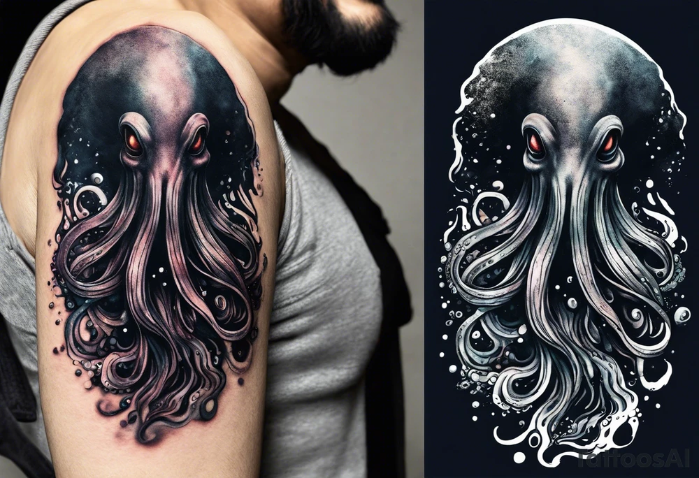 A visual representation of the horror squid concept, showing the squid becoming invisible in ink, its body turning black to blend in with its deep sea environment. The overall environment is dark, creating an eerie underwater atmosphere. tattoo idea