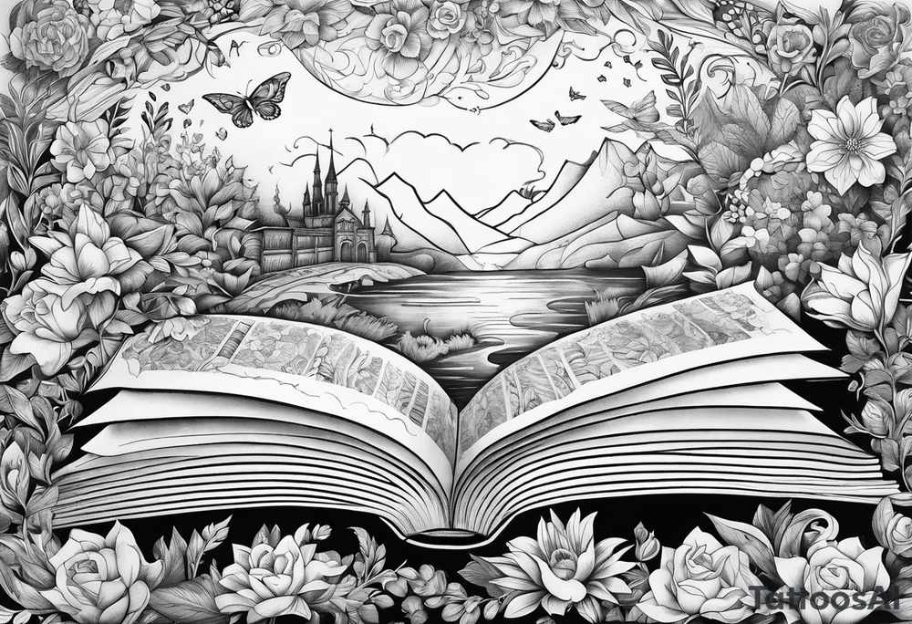 An open book with flowers growing out of it tattoo idea