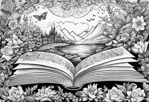 An open book with flowers growing out of it tattoo idea