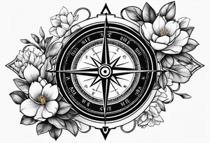 ancient stone compass with magnolia flowers tattoo idea