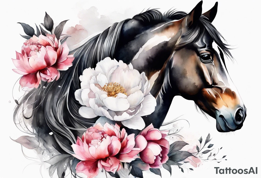 Watercolor horse with delicate peonies. tattoo idea