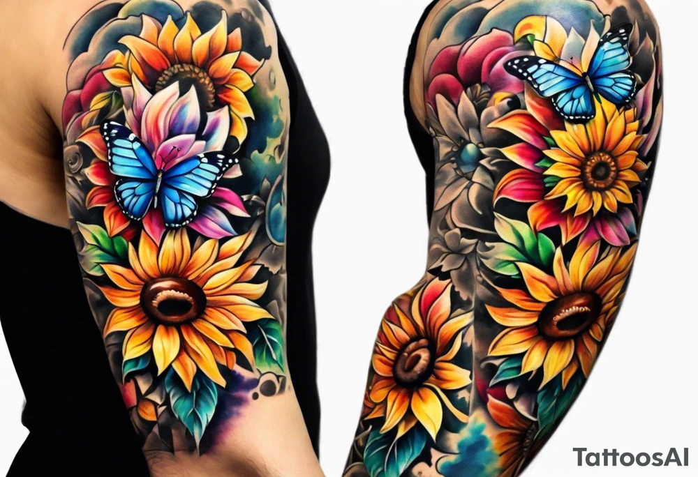 arm sleeve with cross, rainbow sunflowers and butterflies tattoo idea
