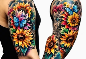 arm sleeve with cross, rainbow sunflowers and butterflies tattoo idea