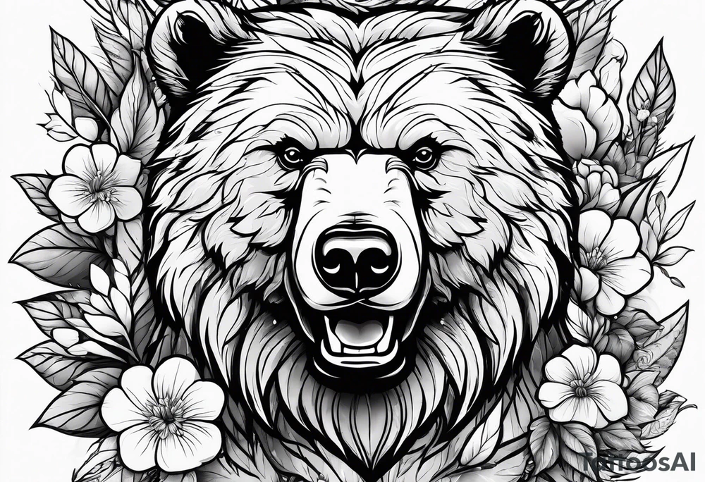 angry bear leaves and flowers, different seasons tattoo idea