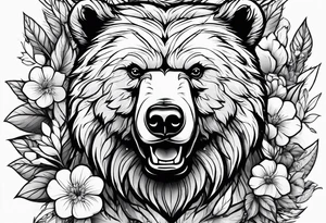angry bear leaves and flowers, different seasons tattoo idea