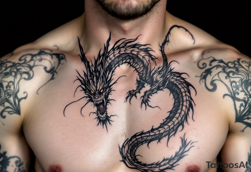 scary big dragon hissing with long tail tattoo idea