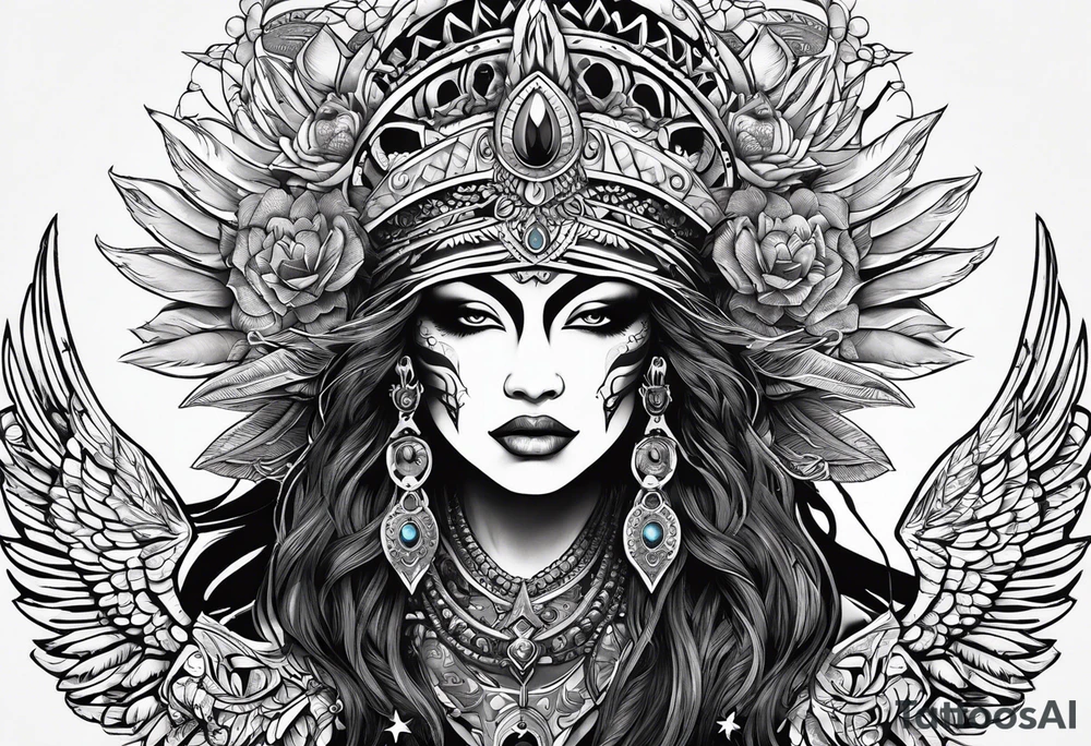black kali, goddess pirate, alien, pachamama, valkrye, warrior, skull, lotus azul, wing, eagle, zenza resonance, stars, 5D tattoo idea