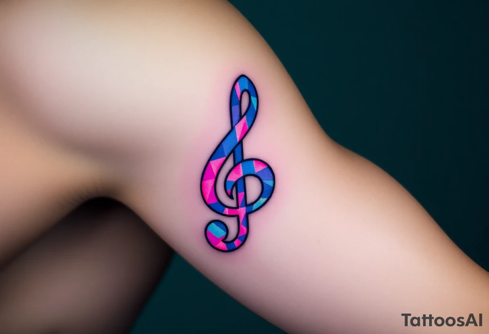 A treble clef formed from pixelated blocks, transitioning from a vibrant neon pink to electric blue tattoo idea