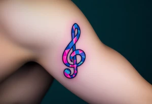 A treble clef formed from pixelated blocks, transitioning from a vibrant neon pink to electric blue tattoo idea