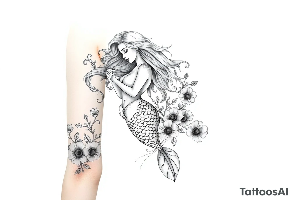 ethereal mermaid with flowing hair among coral and sea flowers tattoo idea