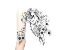 ethereal mermaid with flowing hair among coral and sea flowers tattoo idea