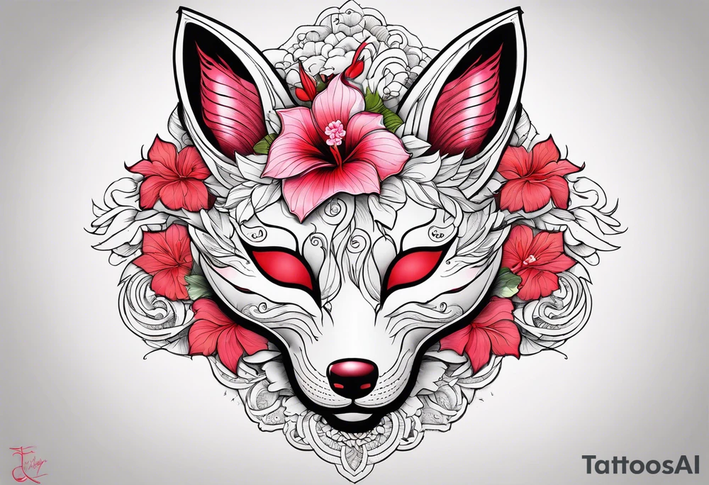 White japanese mask that looks like a kitsune with red accents and pink hibiscus flowers tattoo idea