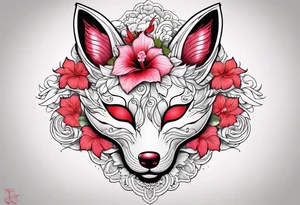 White japanese mask that looks like a kitsune with red accents and pink hibiscus flowers tattoo idea