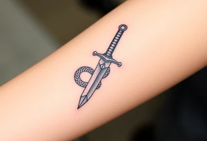 mystical snake coiled around an ancient dagger with jeweled hilt tattoo idea