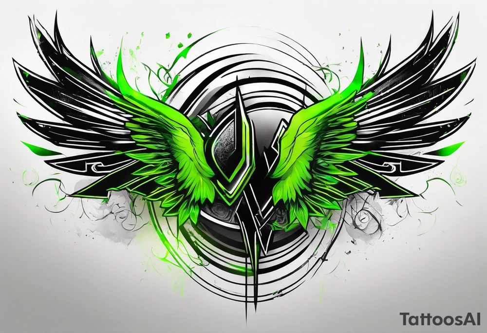 Forearm wing tattoo with streaks of neon green lightning going through/around it tattoo idea