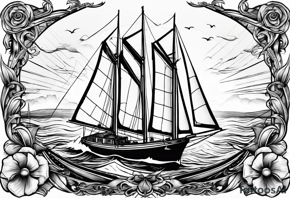 bow of a sailboat. 1 mast and 2 sails to windward. one of the 2 sails is half sail, half marine lighthouse. tattoo idea