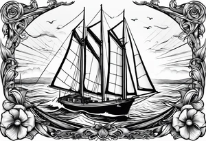bow of a sailboat. 1 mast and 2 sails to windward. one of the 2 sails is half sail, half marine lighthouse. tattoo idea