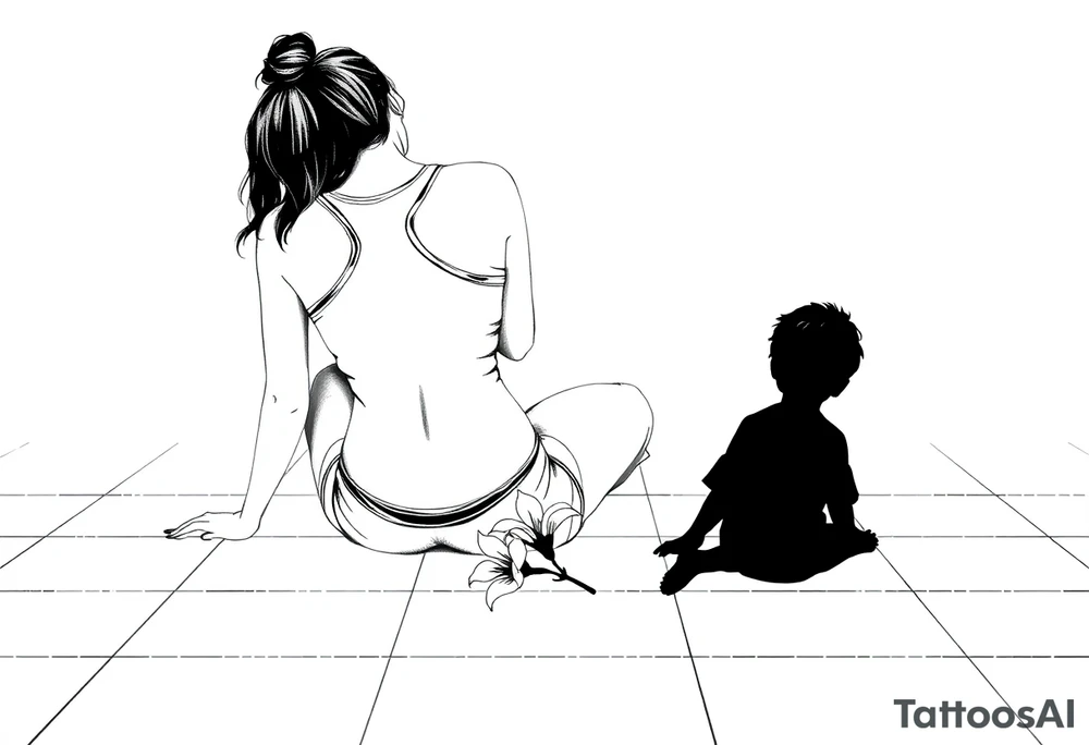a tile floor with a minimalist realistic silhouette of the back of a thin woman sitting curled on the tile floor and a black silhouette of a young child sitting next to her with a lily next to them on the floor. The woman is wearing a Racerback tank top, running shorts, has dark hair pulled up high, and her head is down. tattoo idea