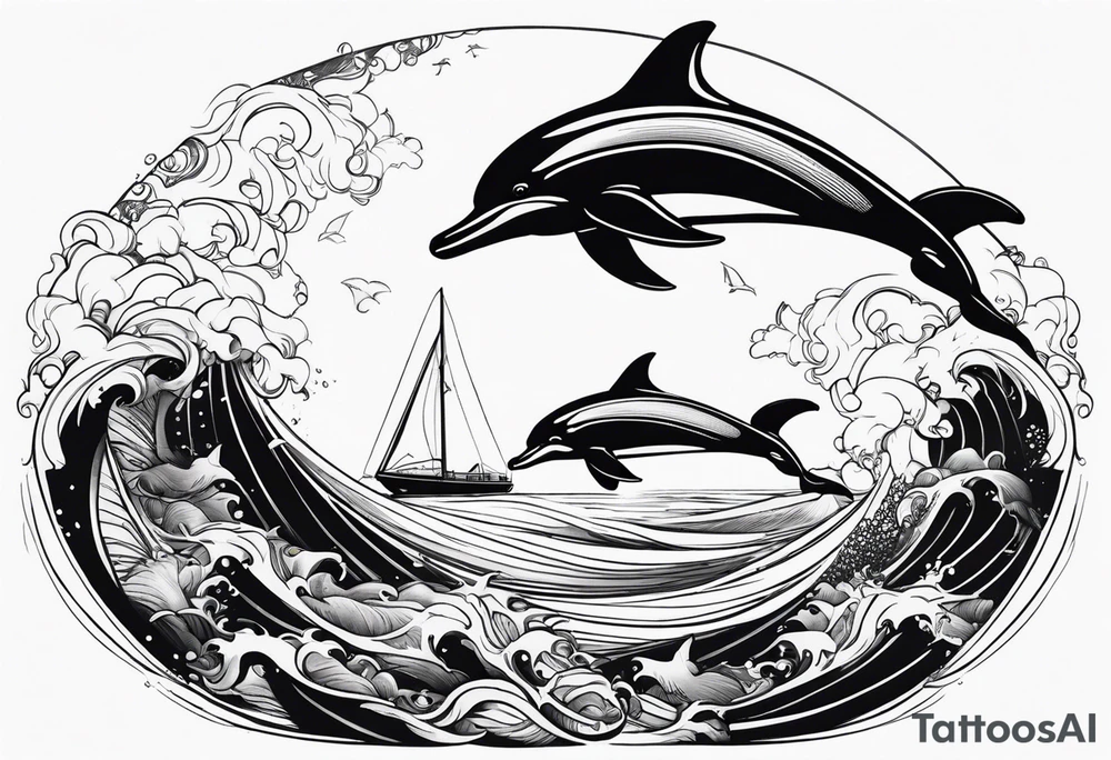 dolphins playing next to  a yacht tattoo idea