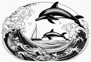 dolphins playing next to  a yacht tattoo idea