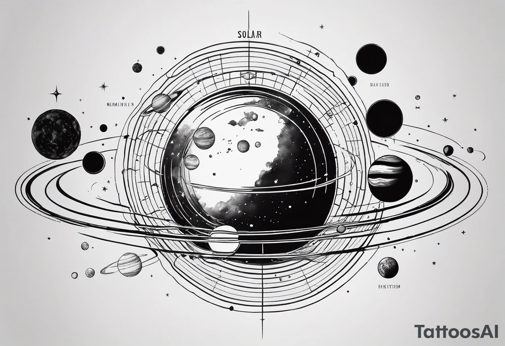 an accurate depiction of our solar system with each planet named in a sleeve tattoo format, minimalistic with thin lines and a lot of empty unfilled space tattoo idea