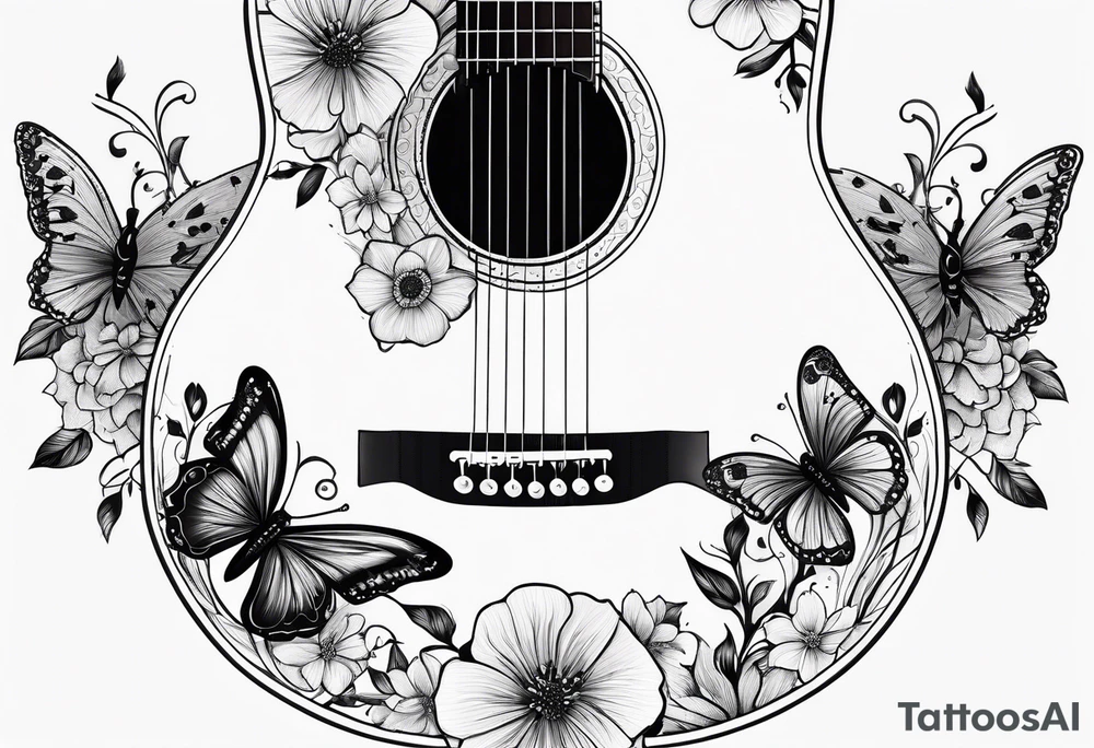 Whole electric acoustic Guitar with flowers growing off the side, butterflies tattoo idea