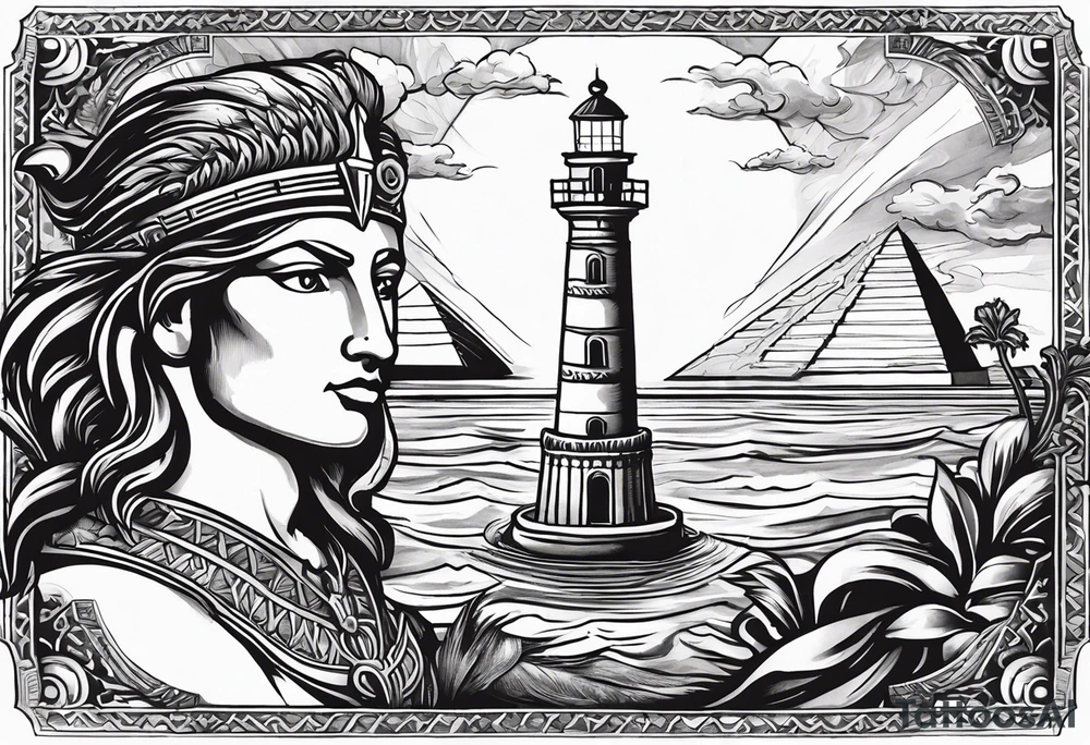 Lighthouse of Alexandria with Ankh and Eye of Ra hovering above it, pyramids and obelisk in background, below that is a marble bust of Caesar and laurels and a capitoline wolf, below is a stormy sea with Poseidon holding a trident and a sea serpent and sirens swimming, there are sunken ancient ruins of temples and pillars tattoo idea