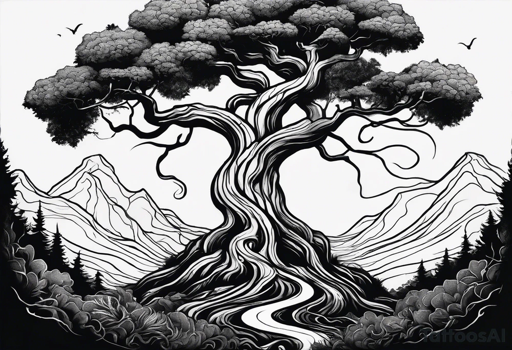 A tree reaching the sky with the roots reaching hell, having a snake around it. All based on Carl Jung ideas. tattoo idea