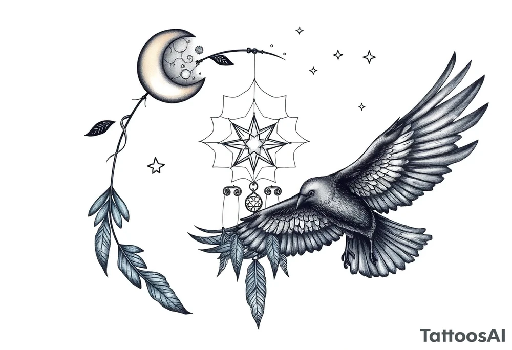 Raven dream catcher milky way moon shooting star tattoo idea