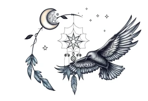 Raven dream catcher milky way moon shooting star tattoo idea