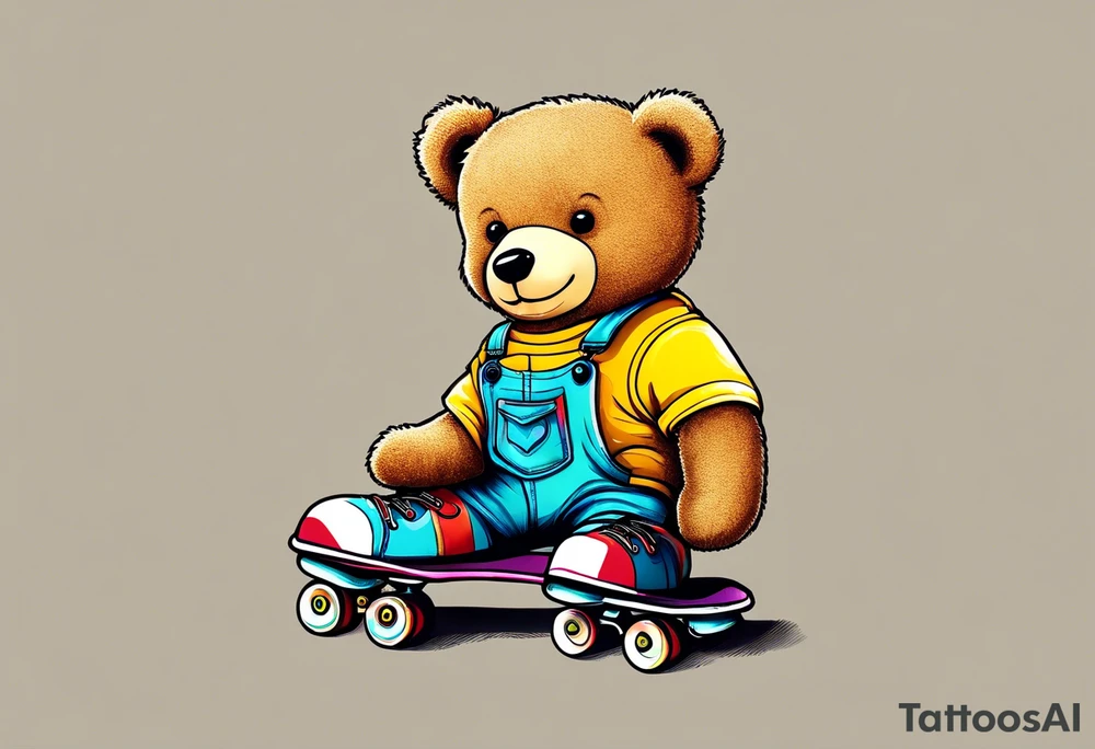A light brown teddy bear in yellow overalls, wearing rainbow colored skates tattoo idea