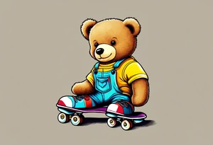 A light brown teddy bear in yellow overalls, wearing rainbow colored skates tattoo idea